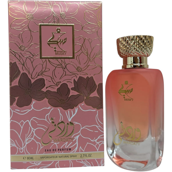 PERFUME MUSKY WARDATY - Elegant bottle of Arabic musky perfume by Lattafa showcasing its luxurious design.