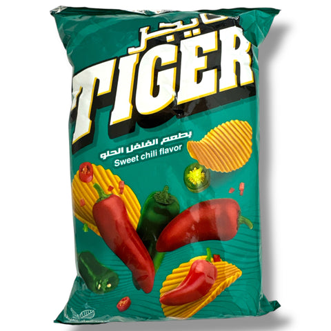 Tiger chips sweet chili 90g packaging featuring a vibrant design, perfect for sweet chili snacks lovers.