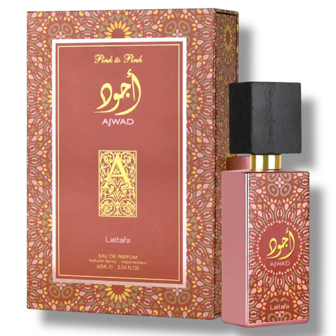 Latafa Ajwad Pink to Pink perfume showcasing a vibrant bottle design, representing a luxurious pink floral fragrance.