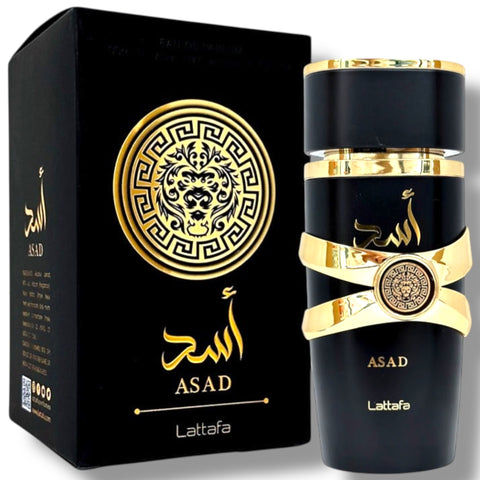 Latafa Asad Black perfume bottle design highlighting its elegant features and branding