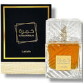 Latafa Khamrah perfume bottle with rich amber fragrance and elegant black and gold packaging