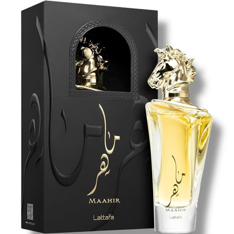 Lattafa Maahir - A luxury Middle Eastern perfume displayed elegantly.