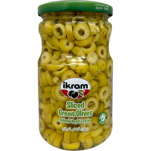 Ikram sliced green olives packaged in a jar, perfect for salads and appetizers.