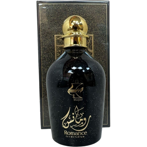 Elegantly displayed PERFUME MUSKY ROMANCE with ambient lighting, capturing the allure of a romantic musk scent.
