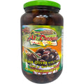 Al Dayaa black olives with thyme in a glass jar, showcasing their rich color and texture for culinary enthusiasts.