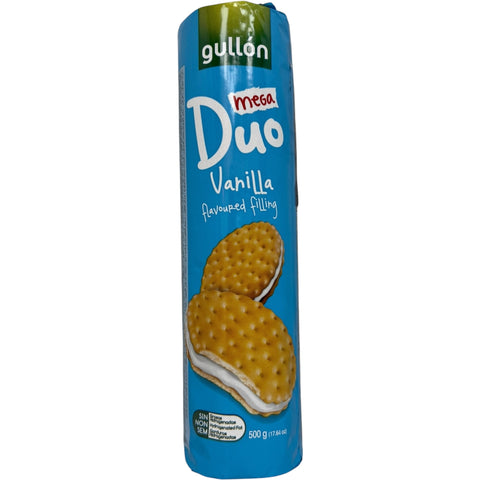 Gullon duo vanilla - a pack of delicious vanilla snack cookies featuring a creamy filling.