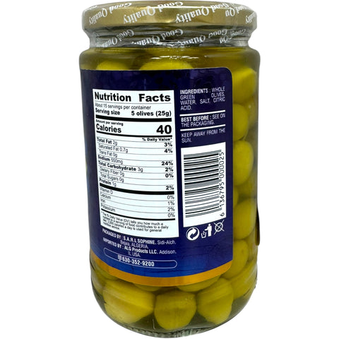 Sophine green olives showcased, representing the best green olives for gourmet cooking, found at ALBASHA Store.