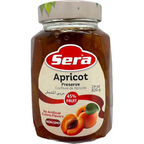 Sera apricot jam jar showcasing the organic texture and vibrant color, perfect for spreads and toppings.