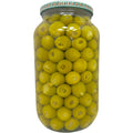 A close-up of Alahlam green olives stuffed with lemon, highlighting the succulent filling and vibrant color of these stuffed olives with lemon.
