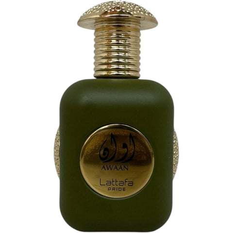 Close-up view of Lattafa Perfume AWAAN SPRAY 100ML highlighting the elegant packaging, known for its long lasting fragrance.