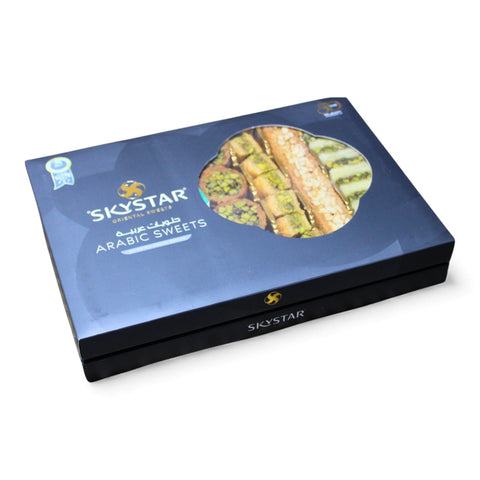 Close-up view of Al Nejmah Sweets assorted baklava package, featuring a range of delicious baklava types in Super size (500g).