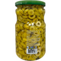A close-up of Ikram sliced green olives showcasing their vibrant green color, ideal for Mediterranean dishes.