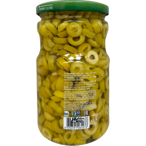 A close-up of Ikram sliced green olives showcasing their vibrant green color, ideal for Mediterranean dishes.