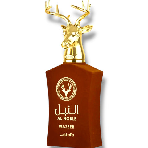 Elegant presentation of Latafa Al Noble Wazeer, showcasing its luxurious appeal as one of the finest Arabic perfumes for men, offered by ALBASHA Store.