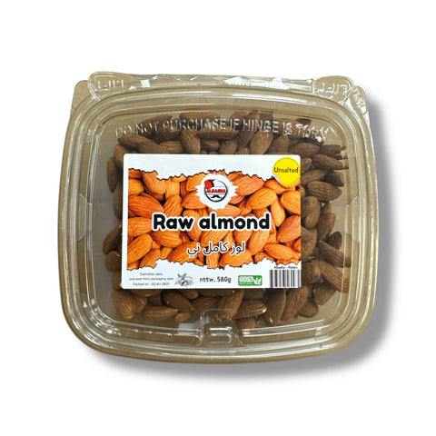 Albasha RAW almonds in a stylish packaging, showcasing the premium quality of raw almonds for healthy eating.