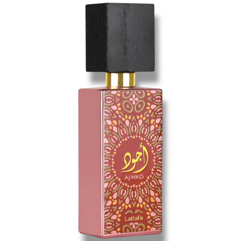 Elegant presentation of Latafa Ajwad Pink to Pink with a focus on its delicate floral notes, emphasizing its pink floral fragrance.