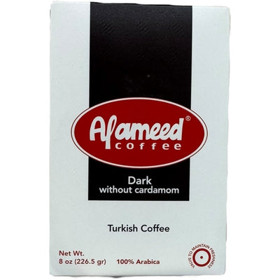 Alameed Turkish coffee dark without cardamom, showcasing rich coffee grounds perfect for Turkish brewing, ideal for a flavorful coffee experience without cardamom.