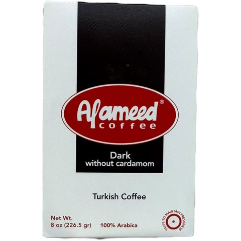 Alameed Turkish coffee dark without cardamom, showcasing rich coffee grounds perfect for Turkish brewing, ideal for a flavorful coffee experience without cardamom.