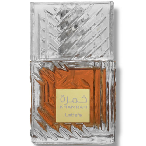 Close-up of Latafa Khamrah - Latafa perfume, displaying intricate details of the packaging and label.
