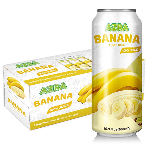 A selection of AZRA 100% organic juices in 500ml cans, featuring zero sugar beverages for a nutritious and delightful experience for all ages.