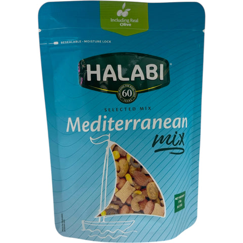 Halabi Mediterranean mix nuts displayed in a bowl, showcasing a combination of premium nuts ideal for healthy snacking.
