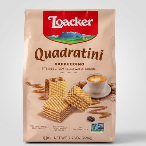 Loacker Quadratini Cappuccino 7.76 oz - Bite-Size Cream Wafer Cookies