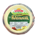 Baraka Kashkaval cheese wheel in clear packaging with green and red label