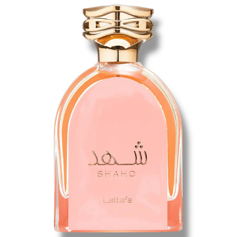 Close-up of Latafa Shahd Arabian perfume bottle, highlighting its luxurious details.
