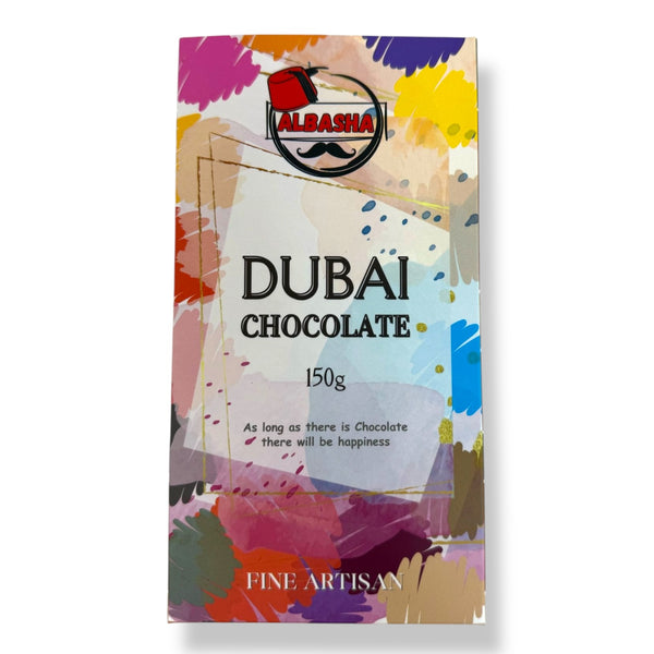 Indulge in ALBASHA's Dubai Chocolate, featuring exquisite kunafeh pistachio chocolate that offers a rich and creamy flavor experience.