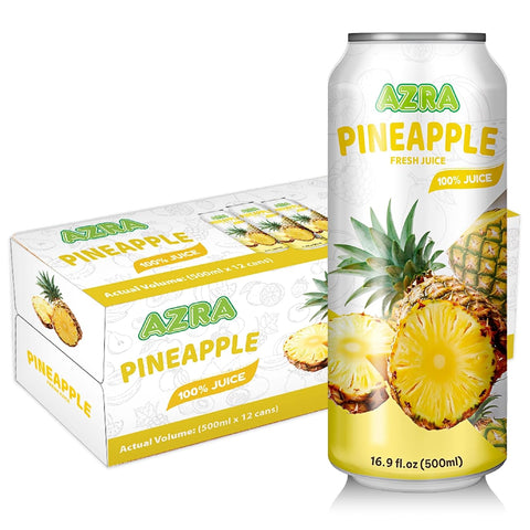 AZRA 100% organic juices in stylish 500ml cans, perfect zero sugar beverages for refreshing hydration.