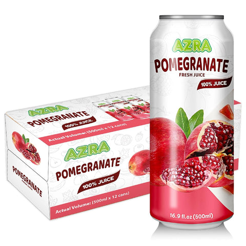 Delightful variety of AZRA 100% organic fruit juices in 500ml cans, all featuring the refreshing zero sugar beverages theme.
