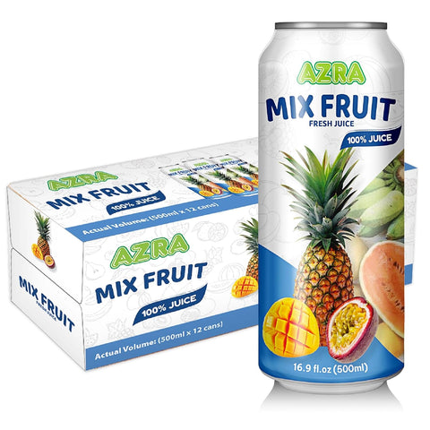 Vibrant assortment of AZRA 100% organic juices in 500ml cans, featuring zero sugar beverages ideal for both kids and adults.