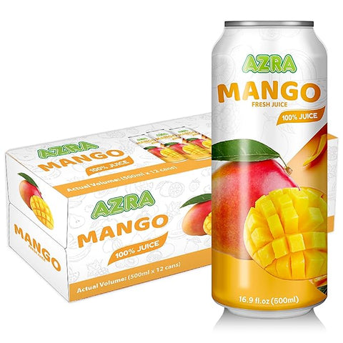 AZRA 100% juice selections in 500ml cans, a variety of zero sugar beverages perfect for hydration without compromising taste.