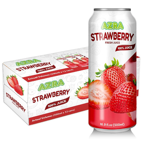 Energetic display of AZRA 100% fruit juices in 500ml cans, showcasing a variety of zero sugar beverages ideal for healthy hydration.