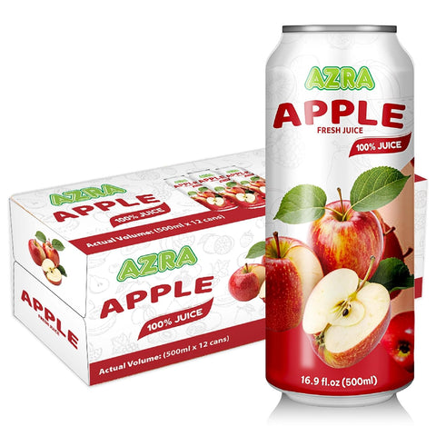 AZRA 100% Fresh Organic Fruit Taste in 500ml cans, a pack of zero sugar beverages for kids and adults, promoting healthy hydration.