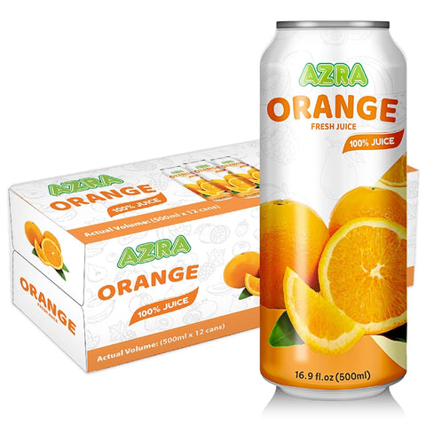 AZRA 100% fresh fruit juices in 500ml cans, showcasing zero sugar beverages for healthy drinking choices.