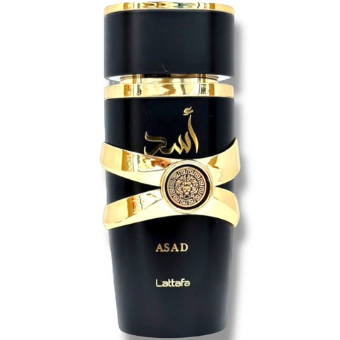 Latafa Asad Black perfume packaging showcasing the luxurious exterior and branding details