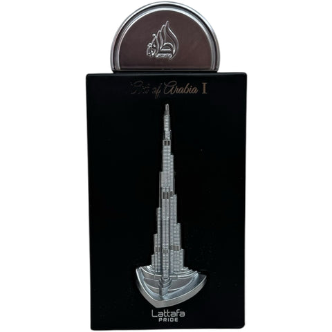 Close-up of Lattafa Perfume PRIDE ART OF ARABIA SPRAY 100ML, highlighting the luxurious essence of a middle eastern scent.