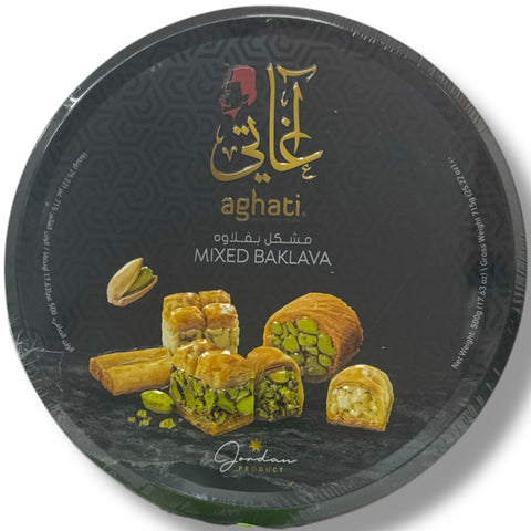 Aghati assorted mixed baklava 500g showcasing authentic baklava flavors in various shapes and textures.