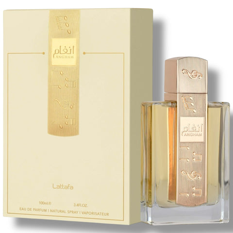 Latafa Angham perfume showcased in an elegant bottle, highlighting its luxurious fragrance profile.