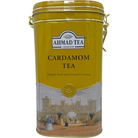 Packaging of Ahmad cardamom tea showcasing the brand logo and product details, ideal for tea enthusiasts.