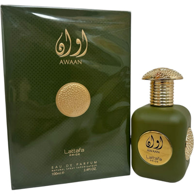 Lattafa Perfume AWAAN SPRAY 100ML showcasing a luxurious bottle design, representing a long lasting fragrance.