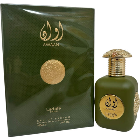 Lattafa Perfume AWAAN SPRAY 100ML showcasing a luxurious bottle design, representing a long lasting fragrance.