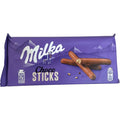 Milka chocolate sticks 112g package showcasing delicious chocolate-covered wafer sticks.