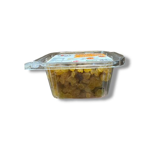 Albasha Golden Raisins – 400g, a resealable container featuring 100% natural golden raisins from Turkey, highlighting their health benefits and versatility for various recipes.