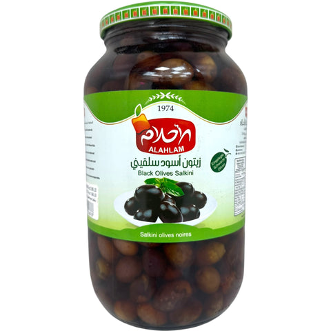 Alahlam black olives salkini available for purchase, perfect for salad or snack, buy salkini olives online.