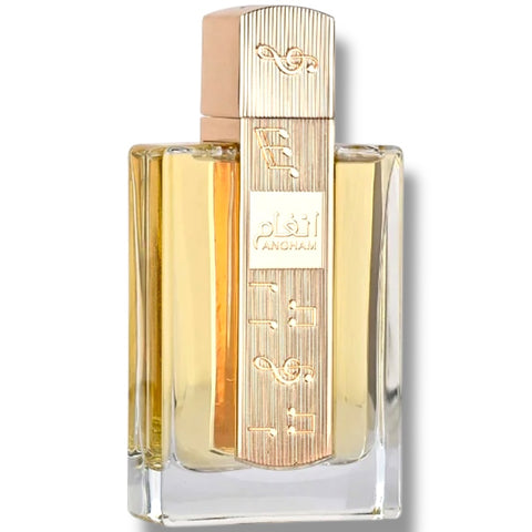 Close-up view of Latafa Angham perfume bottle, emphasizing the sophisticated design and captivating scent.