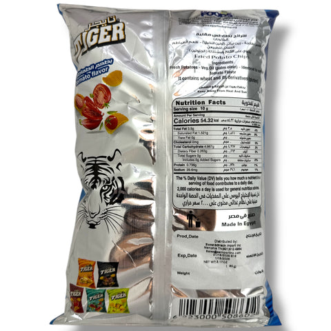 Close-up of Tiger chips tomato, a snack product consisting of crispy tomato-flavored chips, 90g pack from ALBASHA Store.