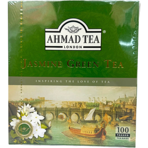 Ahmad jasmine green tea packaging showcasing high-quality leaves, perfect for tea enthusiasts looking for aromatic jasmine green tea.