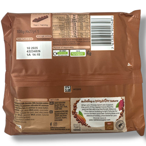 Close-up view of an Aero chocolate bar highlighting its distinctive aerated chocolate design and branding.